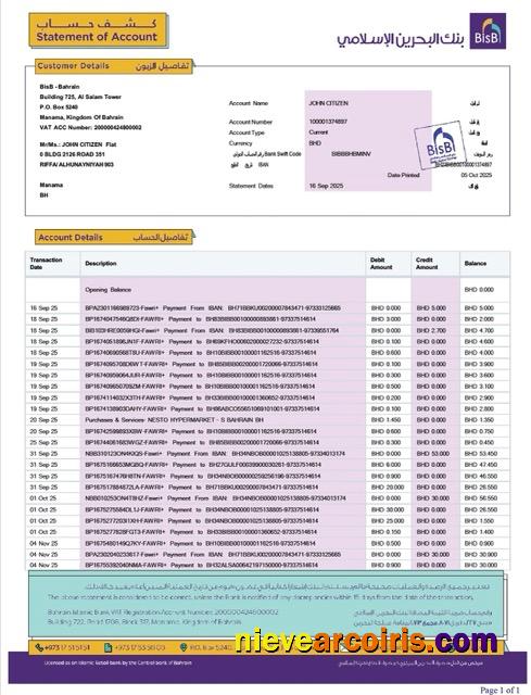 Bahrain Islamic Bank statement of account Word and PDF